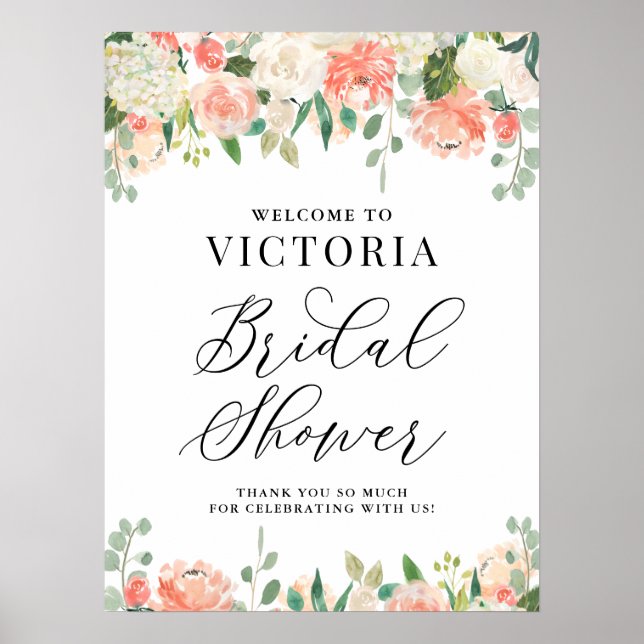 Poster Bem-vindo ao Chá de Bebê Peachy Peony e Hydrangea (Frente)