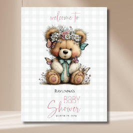 Poster Bem-vindo ao Chá de Bebê Plaid Teddy Butterfly Dai