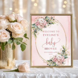 Poster Bem-vindo ao Chá de Bebê Rosa com Brilho e Folhage