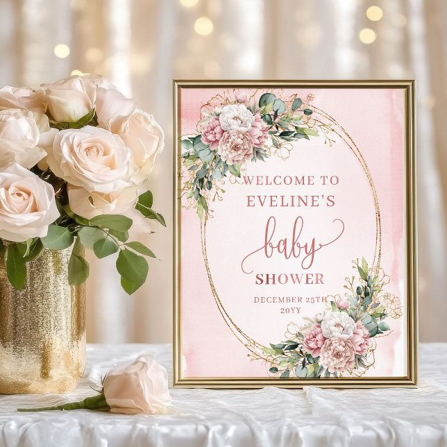 Poster Bem-vindo ao Chá de Bebê Rosa com Brilho e Folhage (Blush Pink Greenery Glitter Welcome Baby Shower Sign)