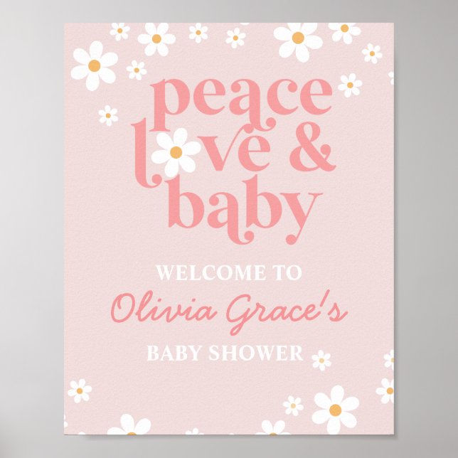 Poster Bem-vindo ao Chá de Bebê Rosa Dália Retro Paz Amor (Frente)
