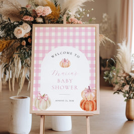 Poster Bem-vindo ao Chá de Bebê Rosa Xadrez Abóbora