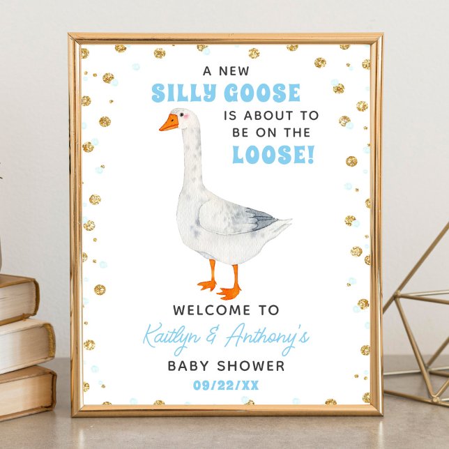 Poster Bem-vindo ao Chá de Bebê Silly Goose Blue Watercol (Criador carregado)