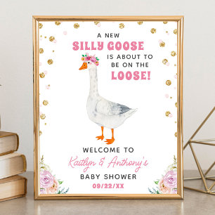 Poster Bem-vindo ao Chá de Bebê Silly Goose Rosa Aquarela