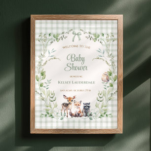 Poster Bem-vindo ao Chá de Bebê Verde Xadrez Sage da Flor