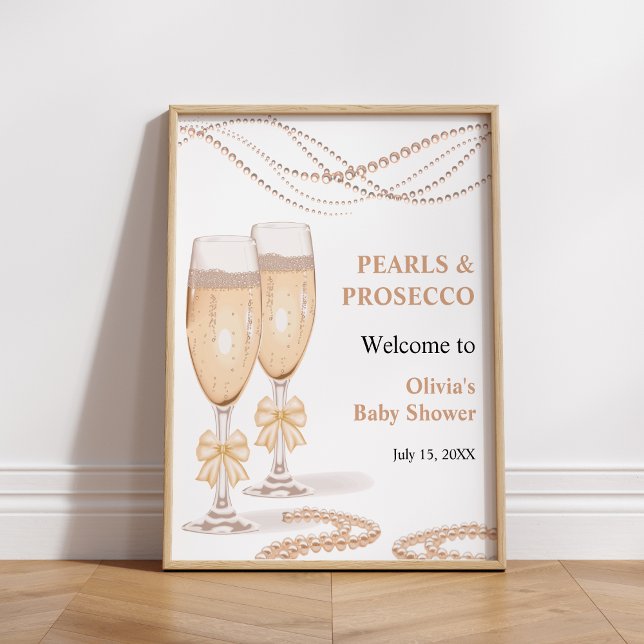 Poster Bem-vindo ao Chá de Noiva Pérolas e Prosecco Arco  (Gold Bow Pearls and Prosecco Bridal Shower Welcome Sign )
