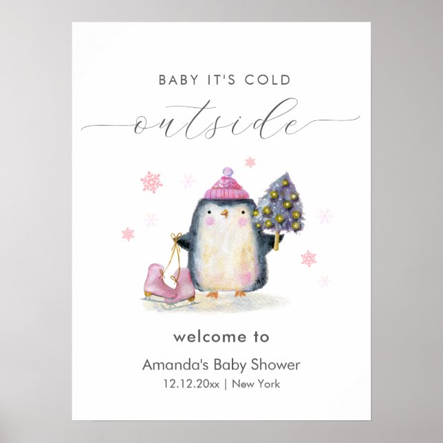 Poster Bem-vindo ao Chuveiro de Bebê Pinguim Floresta de  (Frente)