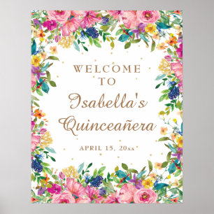 Poster Bem-vindo ao Glitter Dourado Floral Rosa Quinceañe