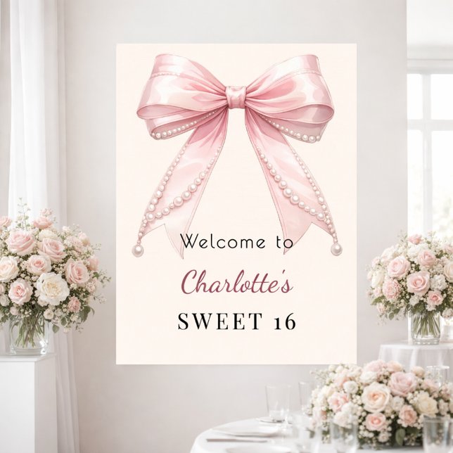 Poster Bem-vindo ao laço rosa Sweet 16 com pérolas em mar (Criador carregado)