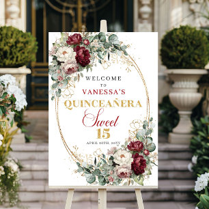 Poster Bem-vindo ao Marsala floral e eucalipto dourado Qu