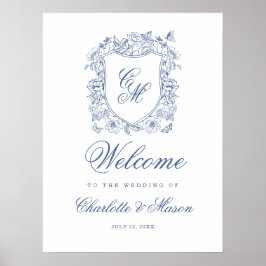 Poster Bem-vindo ao Monograma Floral Vintage Azul para Ca