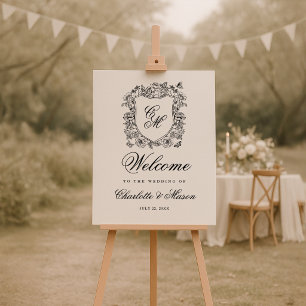 Poster Bem-vindo ao Monograma Floral Vintage de Casamento