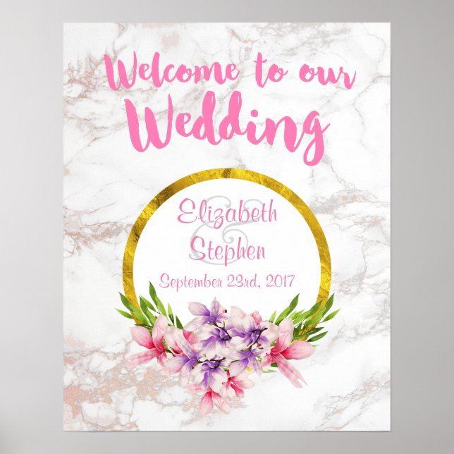 Poster Bem-vindo ao nosso Floral e Marble de Casamento (Frente)