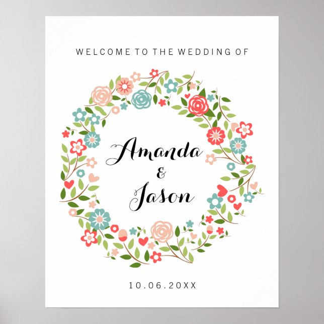 Poster Bem-vindo ao nosso sinal de casamento | Floral | b (Frente)