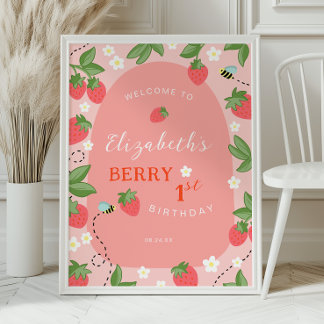 Poster Bem-vindo ao Primeiro Aniversário Morango Rosa
