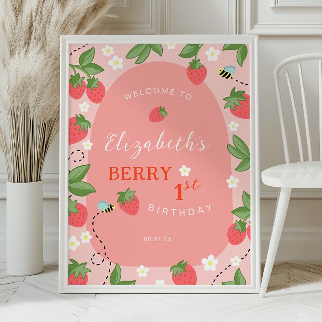 Poster Bem-vindo ao Primeiro Aniversário Morango Rosa (Criador carregado)