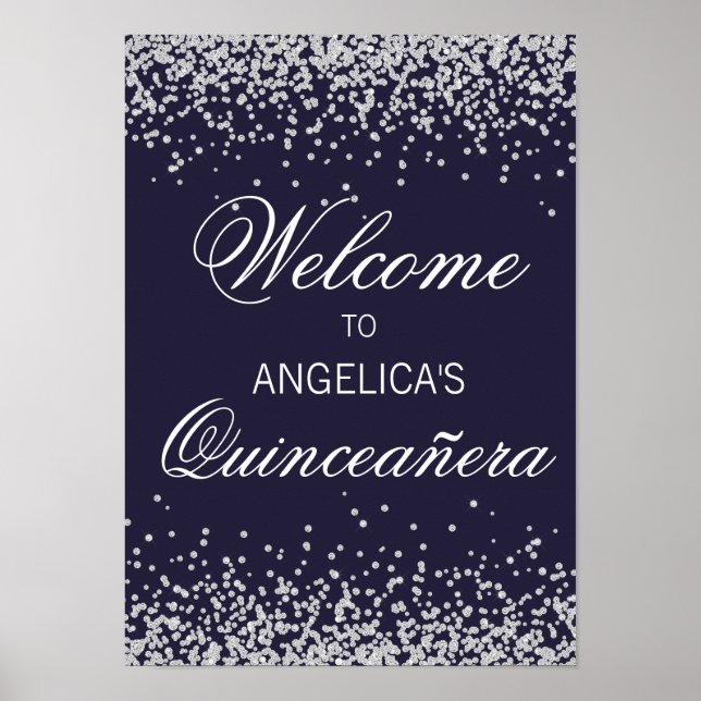Poster Bem-vindo ao Quinceañera Azul Marinho com Brilho P (Frente)