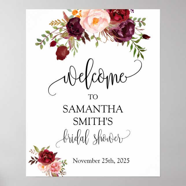 Poster Bem-vindo ao sinal de casamento floral marsala de  (Frente)
