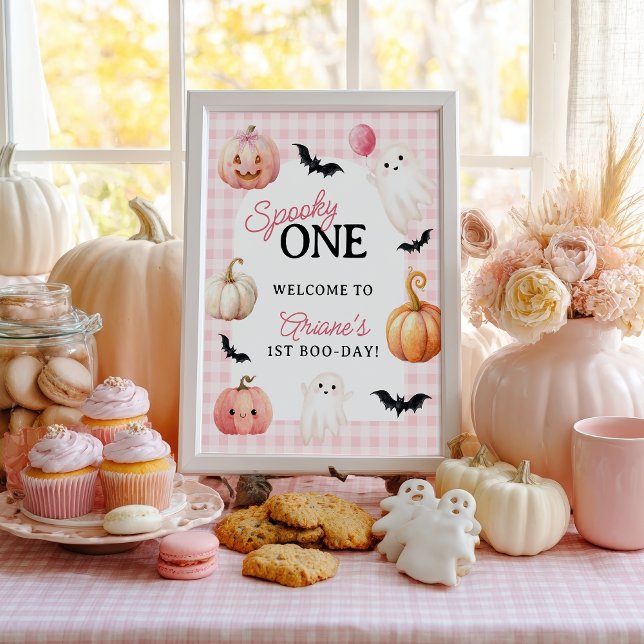 Poster Bem-vindo ao Spooky One de Primeiro Aniversário em (Pink Gingham Spooky One First Birthday Welcome Poster)