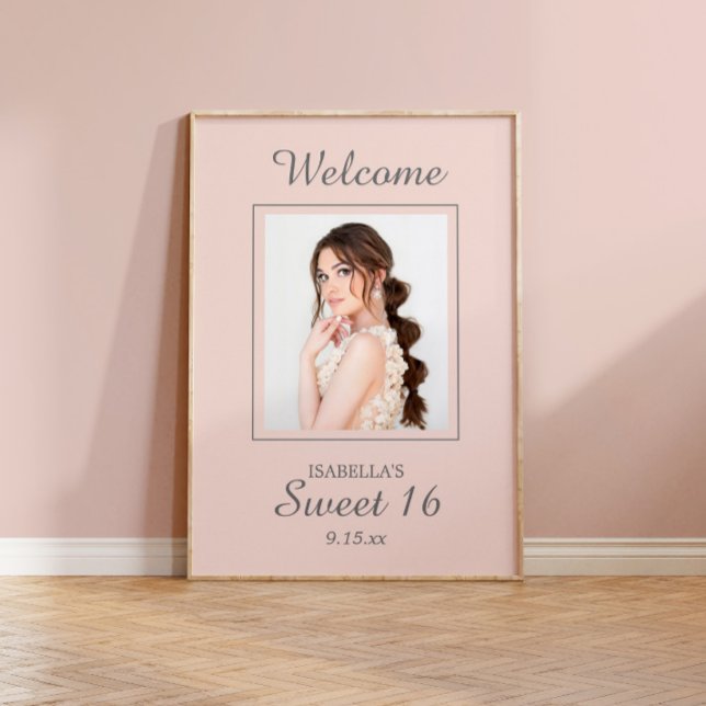 Poster Bem-vindo ao Sweet 16 Rosa Bege com Nome e Foto  (Criador carregado)