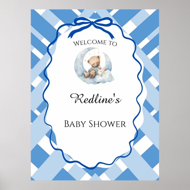 Poster Bem-vindo ao urso do chá de bebê do menino xadrez  (Frente)