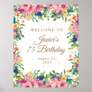 Poster Bem-vindo aos 75 anos com Floral Rosa e Brilho Dou