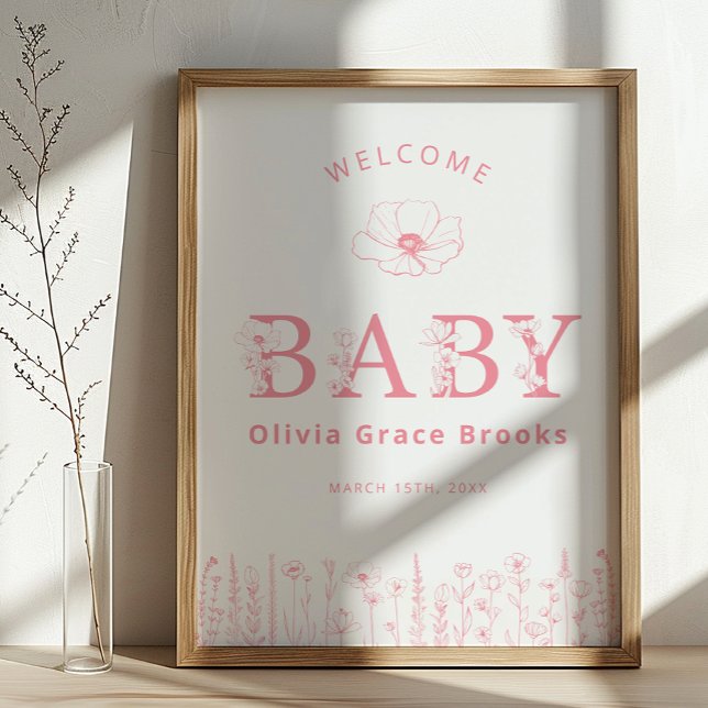 Poster Bem-vindo Bebê Wildflower Cartaz de Chás de Bebê D (Pink Baby Welcome Sign)