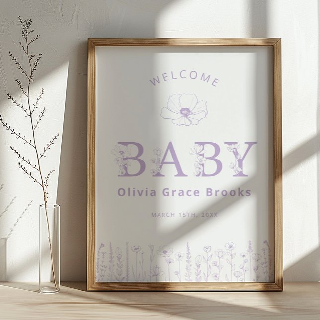 Poster Bem-vindo Bebê Wildflower Chá de Bebê Lavanda (Lavender Baby Welcome Sign)