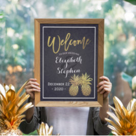 Poster Bem-vindo Casal de Abacaxi Dourado Casamento Azul
