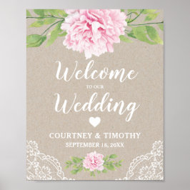 Poster Bem-vindo Casamento Rustic Lace Watercolor Flower 