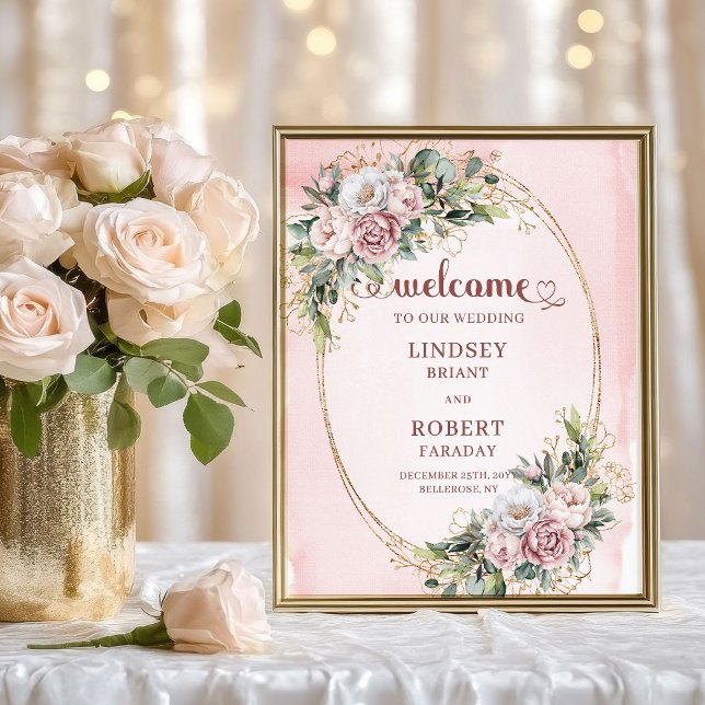 Poster Bem-vindo com Brilho Dourado e Floral Rosa Moderno (Modern Blush Pink Floral Gold Glitter Welcome)