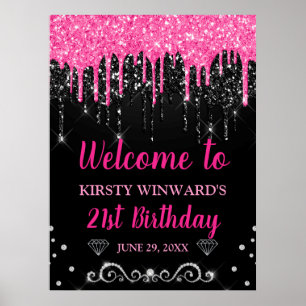 Poster Bem-vindo de aniversário em rosa quente e preto co