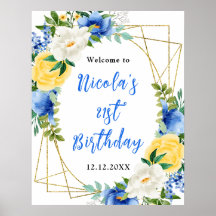 Bem-vindo de Aniversário Floral Azul e Amarelo