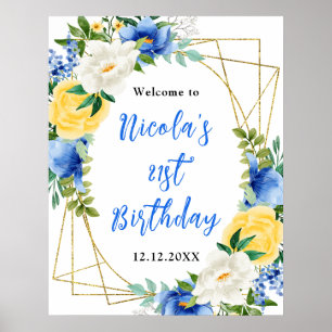 Poster Bem-vindo de Aniversário Floral Azul e Amarelo