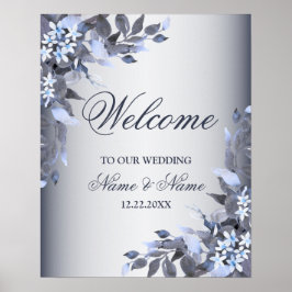Poster Bem-vindo Festa de Casamento Azul Naval Floral Mod