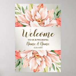 Poster Bem-vindo Festa de Casamento Flores Folhas Laranja