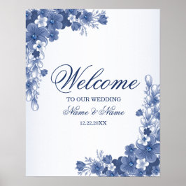 Poster Bem-vindo Floral Festa de Casamento Azul Rústico E