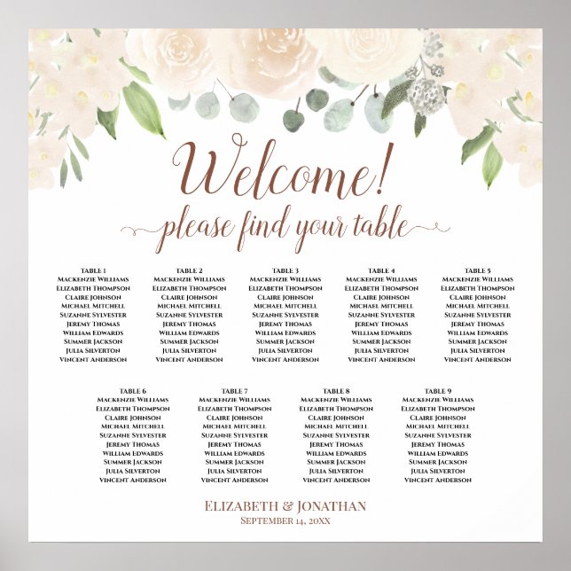 Poster Bem-vindo! Gráfico de Rosas de Pêssego 9 Mesas (Frente)