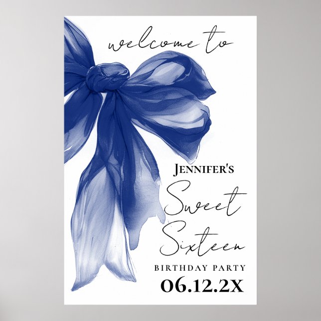 Poster Bem-vindo Navy Bow Coquette Script Sweet 16  (Frente)