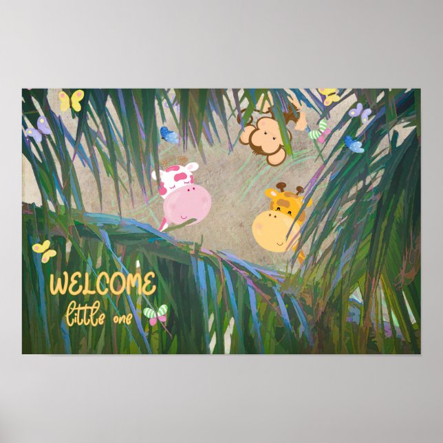 Poster Bem-vindo Pequeno Um Tema de Selva Arte para Berçá (Frente)