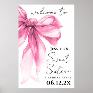 Poster Bem-vindo Pink Bow Coquette Script Festa Sweet 16