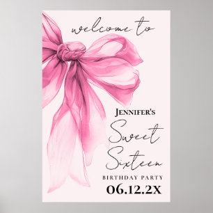 Poster Bem-vindo Pink Bow Coquette Script Sweet 16 Rosa
