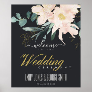 POSTER BEM-VINDO PRETO DOURADO FLORAL WATERCOLOR WEDDING