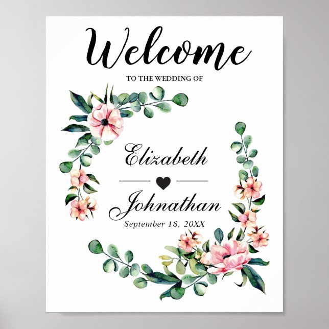 Poster Bem-vindo Sinal de Casamento Greenery Wreath | (Frente)