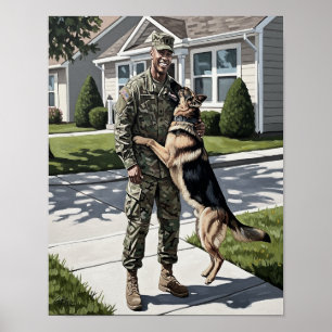 Poster Bem-vindos ao lar. Soldado e seu cão