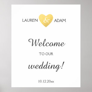 Póster Bem-vindos, sinal de casamento, coração dourado fa