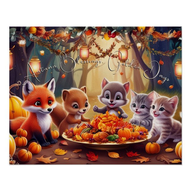 Póster Bênçãos de Outono Folhas Douradas Abóboras Animais (Frente)