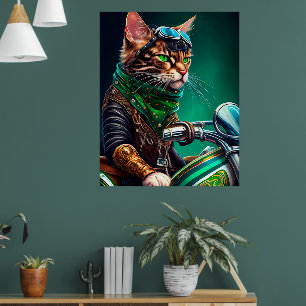 Poster Bengal Cat dirigindo Ruas de bicicleta. Dia de Pat