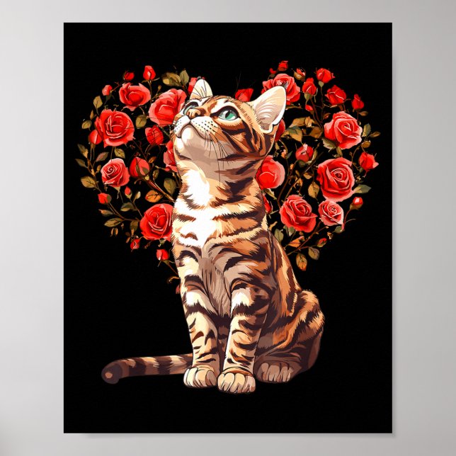 Poster Bengal Cat Valentines Day Floral Heart Design For  (Frente)