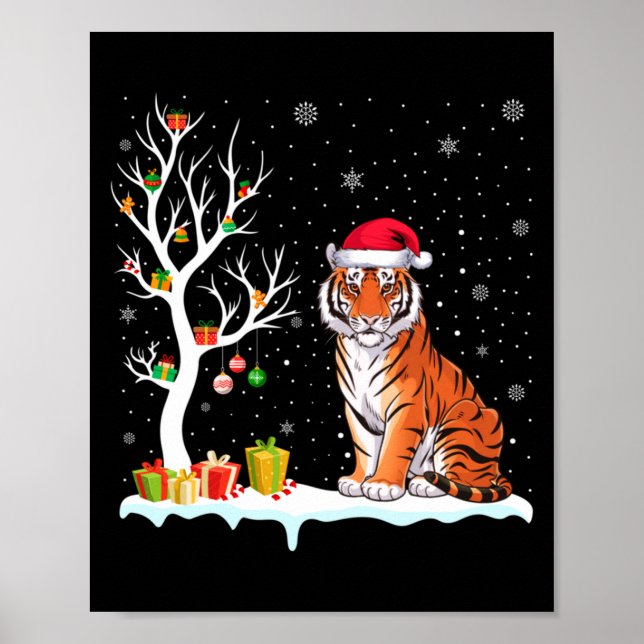 Poster Bengal Tiger Santa Hat Festive Tree Light Christma (Frente)